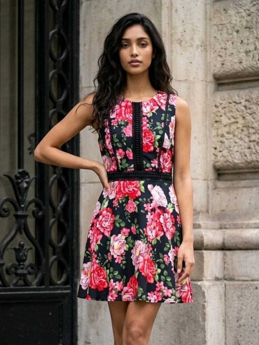 Black Floral Lace Fit & Flare Dress Pink Rose Skater Mini Disney M Dark Feminine